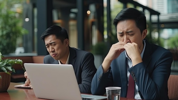 Азиатские бизнесмены постоянно смотрят в Интернете через свои компьютеры, чувствуя стресс и расстройство, похожие на плохие новости на экране.
