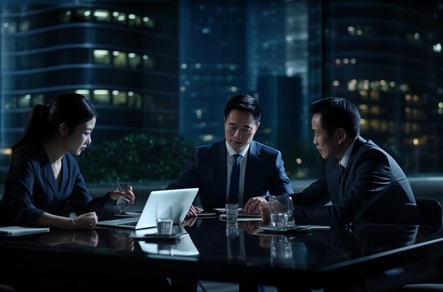 asian businesspeople with laptop on workspace in meeting room in the style of dark indigo and teal nonrepresentational forms