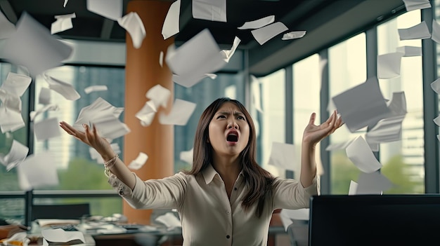 Asian businesswoman angry throwing papers over herself in office when job fails unsuccessful project work hard and Overworked and stressed Concept