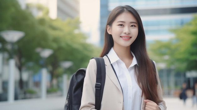 Asian businesswoman go to work at office stand and smiling wear backpack look at camera on street around building on a city Business commuter concept