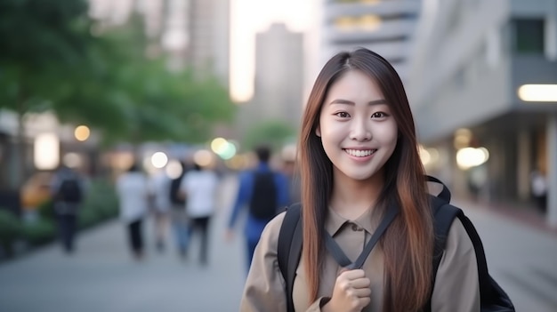 Asian businesswoman go to work at office stand and smiling wear backpack on street around building on a city