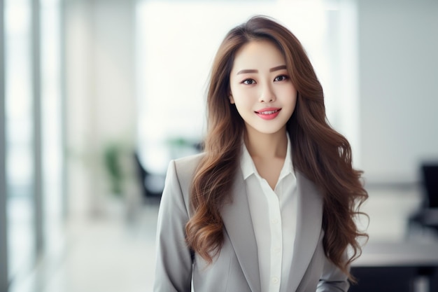 Asian businesswoman in gray suit with happy expression