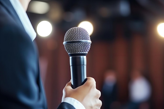 An Asian businesswoman is delivering a speech in a seminar or conference hall with microphones and u