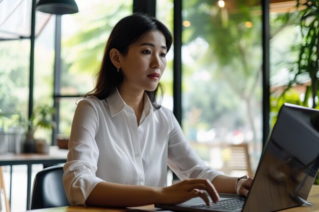 Азиатская бизнесмен ведет виртуальную встречу в офисе