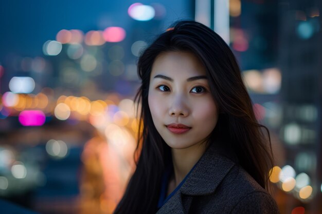 Asian businesswoman portrait looking confident on a night scene copy space background