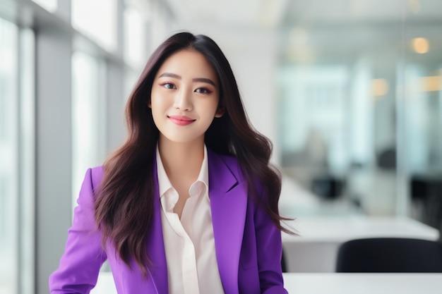 Asian businesswoman in purple suit with happy expression