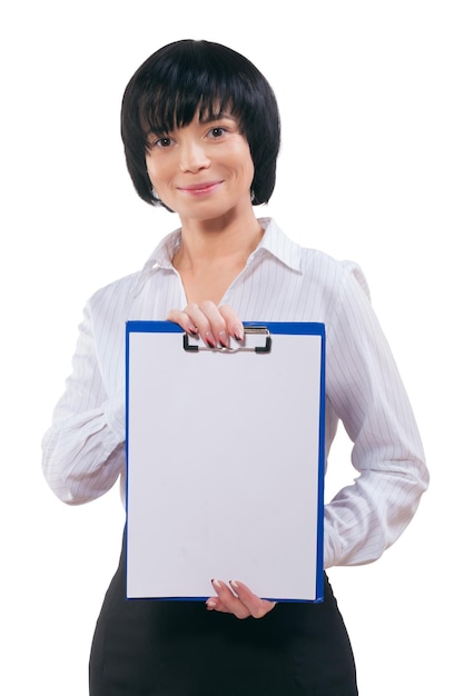 Asian businesswoman showing clipboard with blanc white sheet isolated