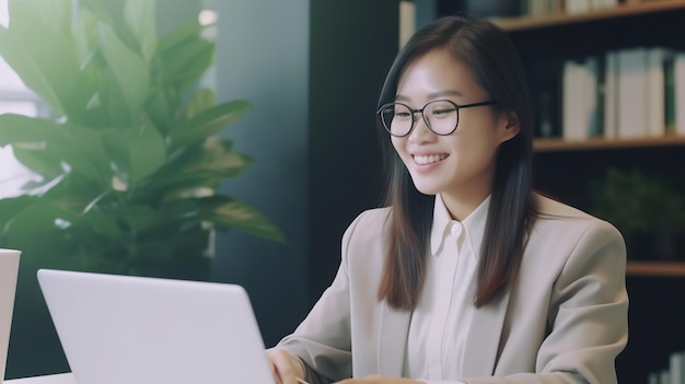 Photo asian businesswoman sitting at the desk in front of her laptop working in the morning