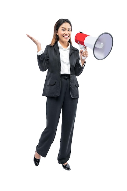 Asian businesswoman talking on a megaphone and showing something on her hand