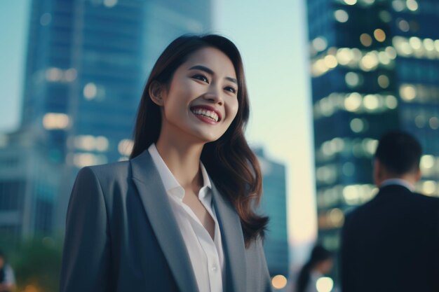 Asian businesswoman uses tablet in city