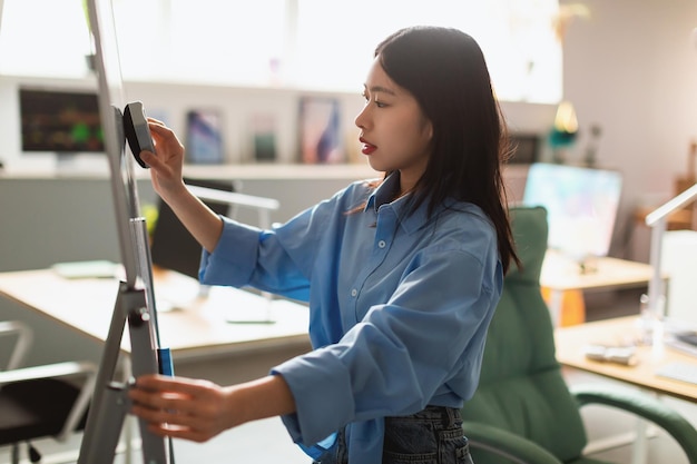 Asian businesswoman wiping whiteboard preparing presentation working in modern office