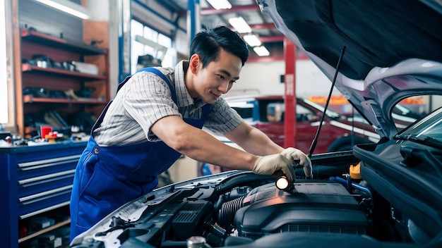 Asian car mechanic in an auto repair shop is checking the engine