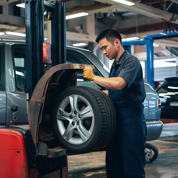 Asian car mechanic is removing the wheel and checking the brakes and suspension in the car service