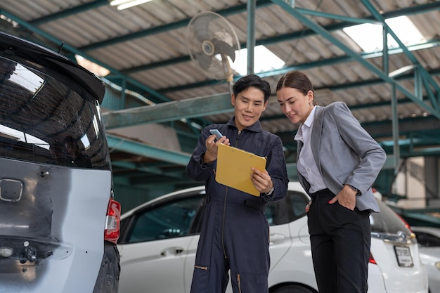 Asian car mechanic man explaining checklist car maintenance and repair to woman client at garage