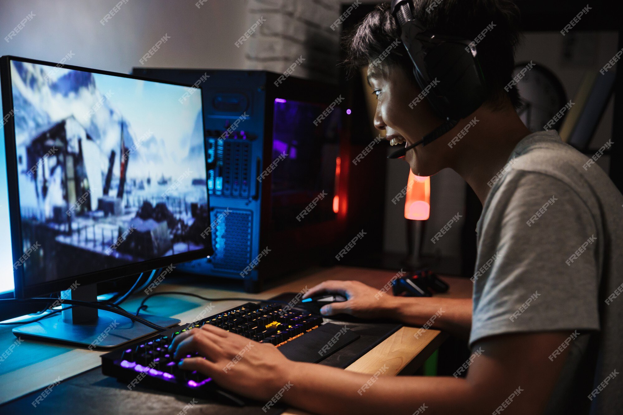 Gamer Playing Online Game on PC in Dark Room Stock Photo - Image of online,  colorful: 213130418