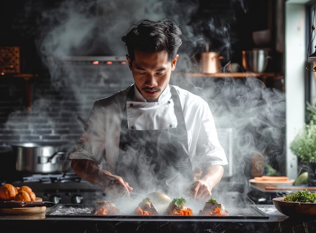 Photo asian chef cooking in a professional kitchen
