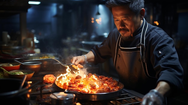 Asian chef cooking in restaurant