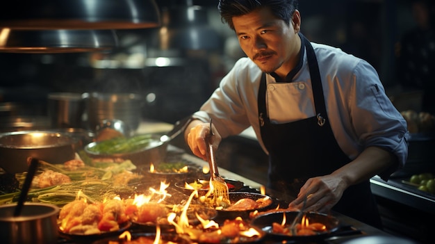 Photo asian chef cooking in restaurant