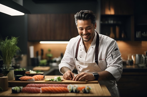 Asian chef preparing sushi