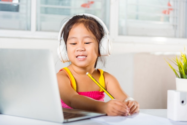 Asian child girl studying video conference distant education at\
home