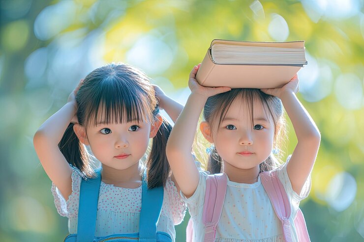 Photo 学校のバッグを持ったアジアの子供の女の子と彼女の妹が一緒に頭の上に本を置いた