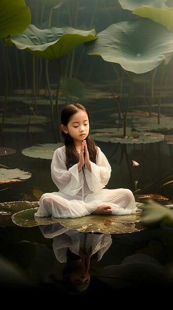 Photo asian child meditating by lotus leaves