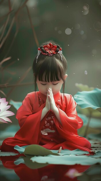 Photo asian child meditating by lotus leaves