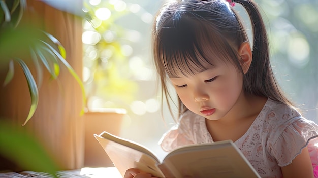 Asian child reading book at home