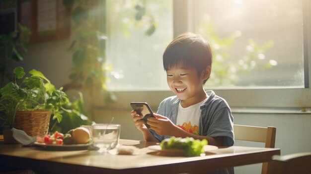 Asian child use Mobile Phone in the living room and eating breakfast