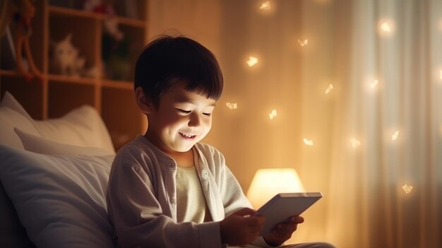 Asian child use Mobile Phone in the living room and eating breakfast