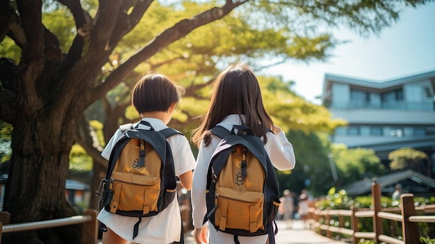 学校に行くアジアの子供たちのカップル幸せな子供たちの初日のクラスは、コピースペースでカメラに微笑みます