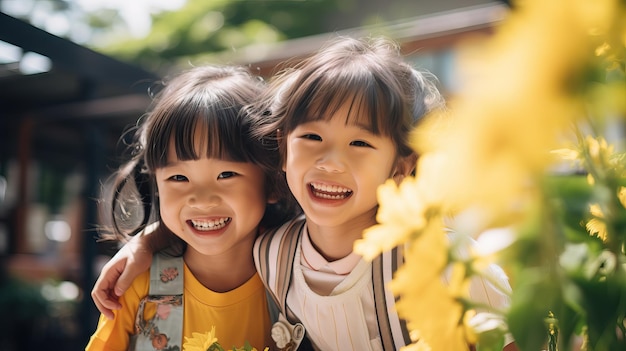 Азиатская пара детей идет в школу счастливые дети в первый день занятий улыбаются в камеру с копией пространства