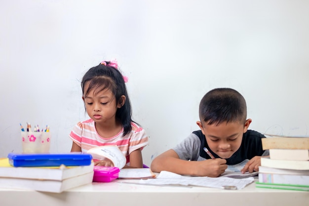 Asian children doing homework