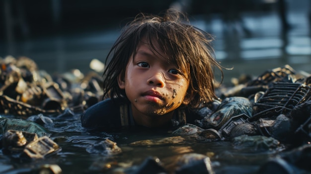 写真 アジア の 子供 たち は 廃棄物 に 満ち た 川 で 泳ぎ ます