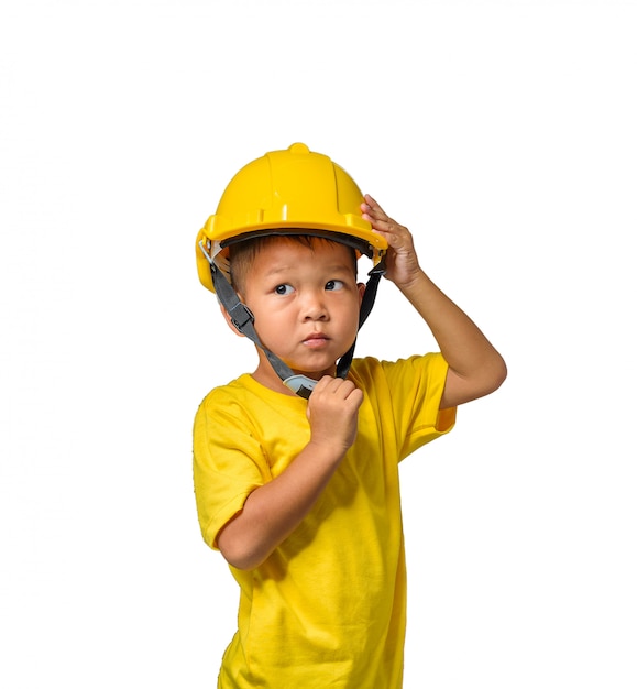 Asian children wearing safety helmet and smiling isolated on white