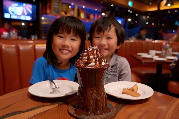 Asian children with glass of chocolate in a restaurant