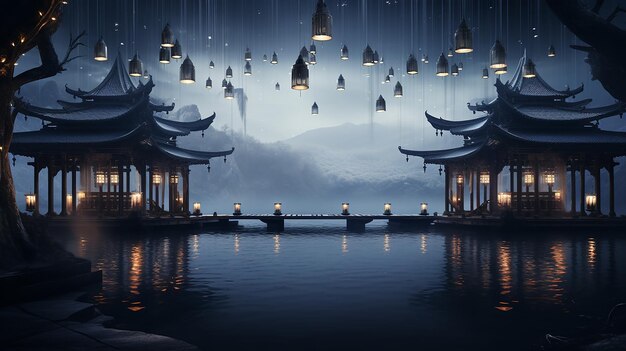 Asian chinese cartoon style blue colors pagoda temple tower Generative AI