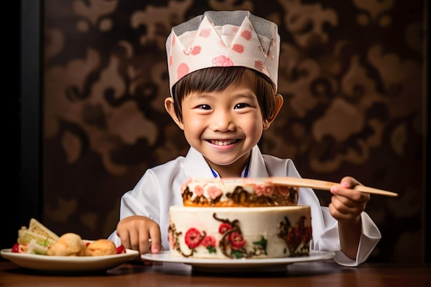 Asian Chinese little boy wearing chef hat and holding a birthday cake