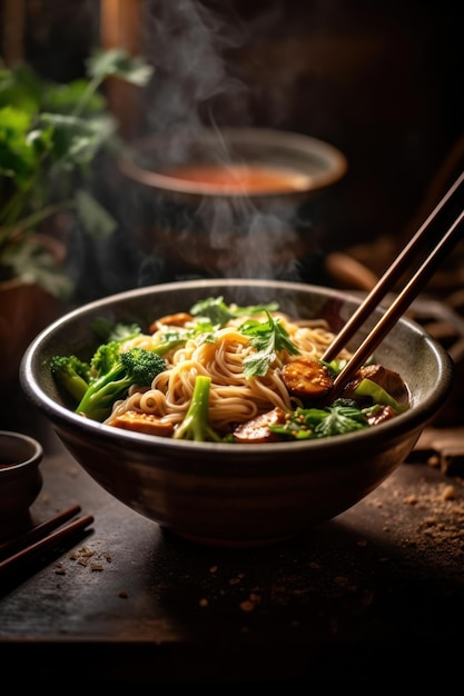 Asian Chinese noodles with vegetables food setting