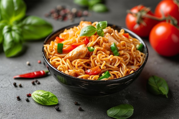 Asian chow mein noodles with chicken meat and vegetables