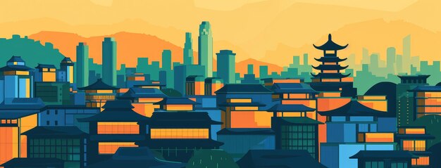 Asian City Skyline at Sunset Illustration