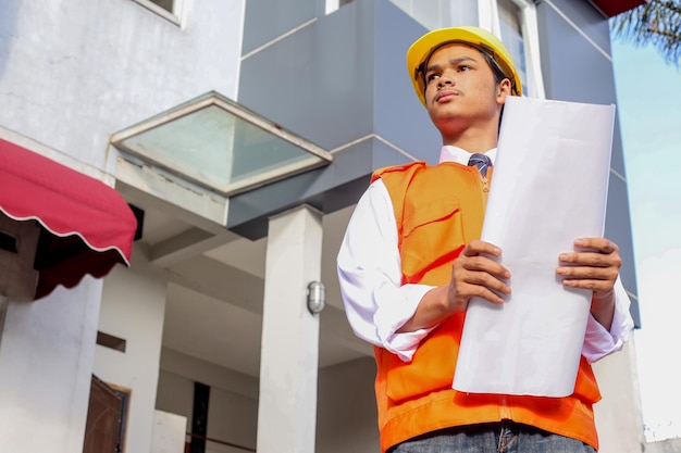 Asian civil engineer wearing safety yellow hardhat ad orange vest while holding a blueprint against