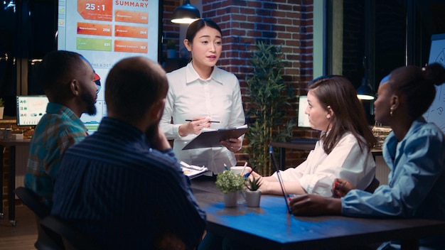 Asian company analyst speaking in business meeting, financial\
report presentation, woman holding clipboard. diverse team\
discussing revenue statistics, talking, planning sales\
strategy