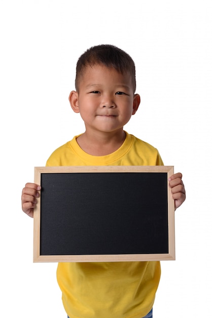 Asian Country boy with blank black chalkboard  for education conceptual isolated on white b