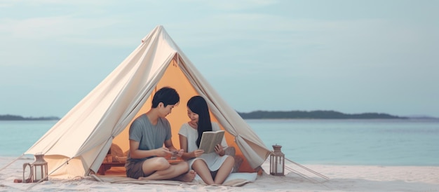 asian couple camping and reading book