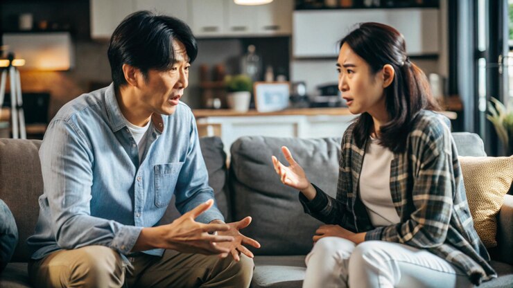 Photo 아시안 커플이 거실에서 싸우고 있어
