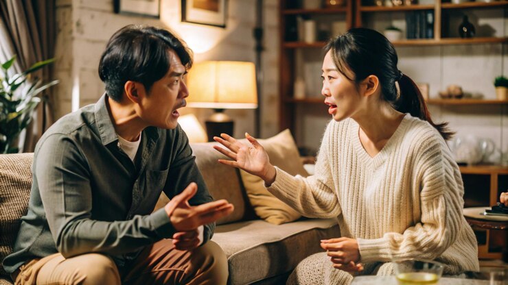 Photo 아시안 커플이 거실에서 싸우고 있어