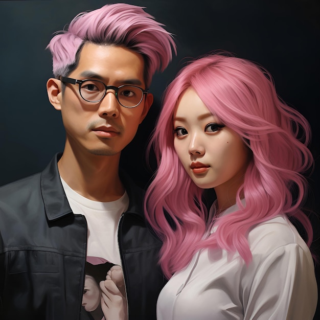 asian couple a girl with pink hair and a guy with dyed bangs young people portrait