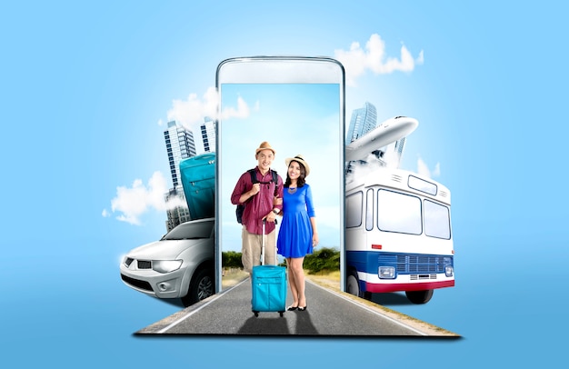 Photo asian couple in hat with suitcase bag and backpack standing on the street