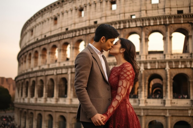 Asian couple kissing against Colosseum Generative AI